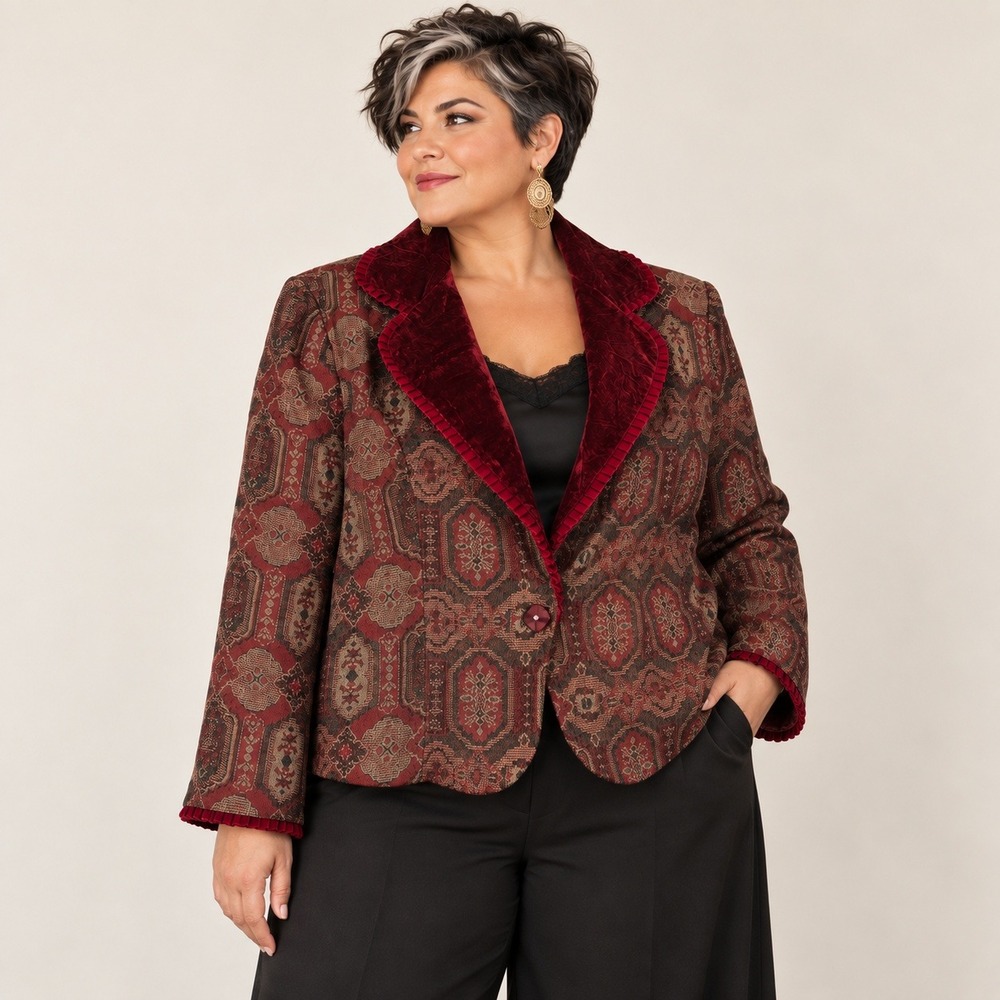 Monroe & Main Burgundy Tapestry Jacquard Velvet Blazer 18W Boho Victorian
